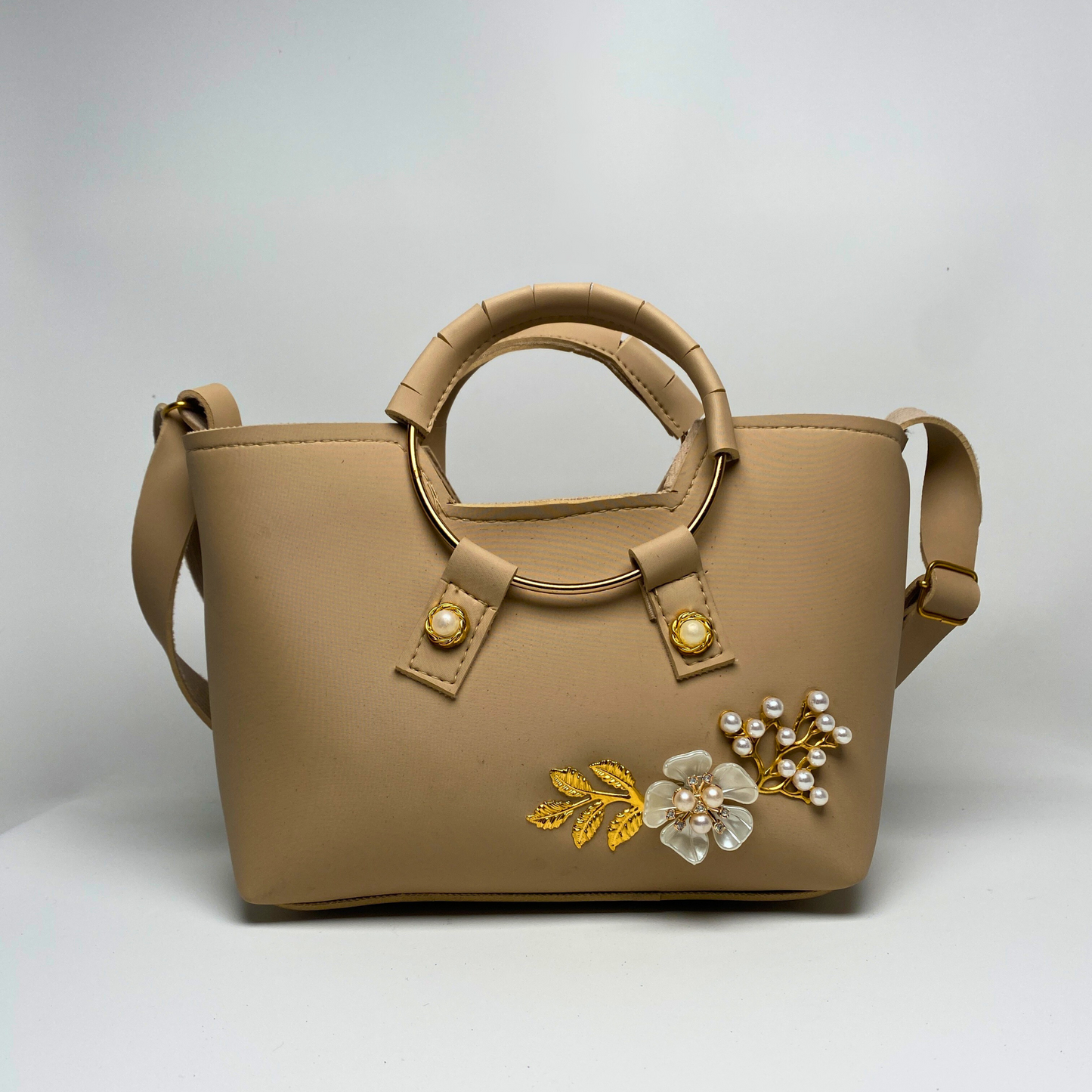 Handbag with Pearl & Floral Embellishment – Elegant Shoulder & Tote Bag