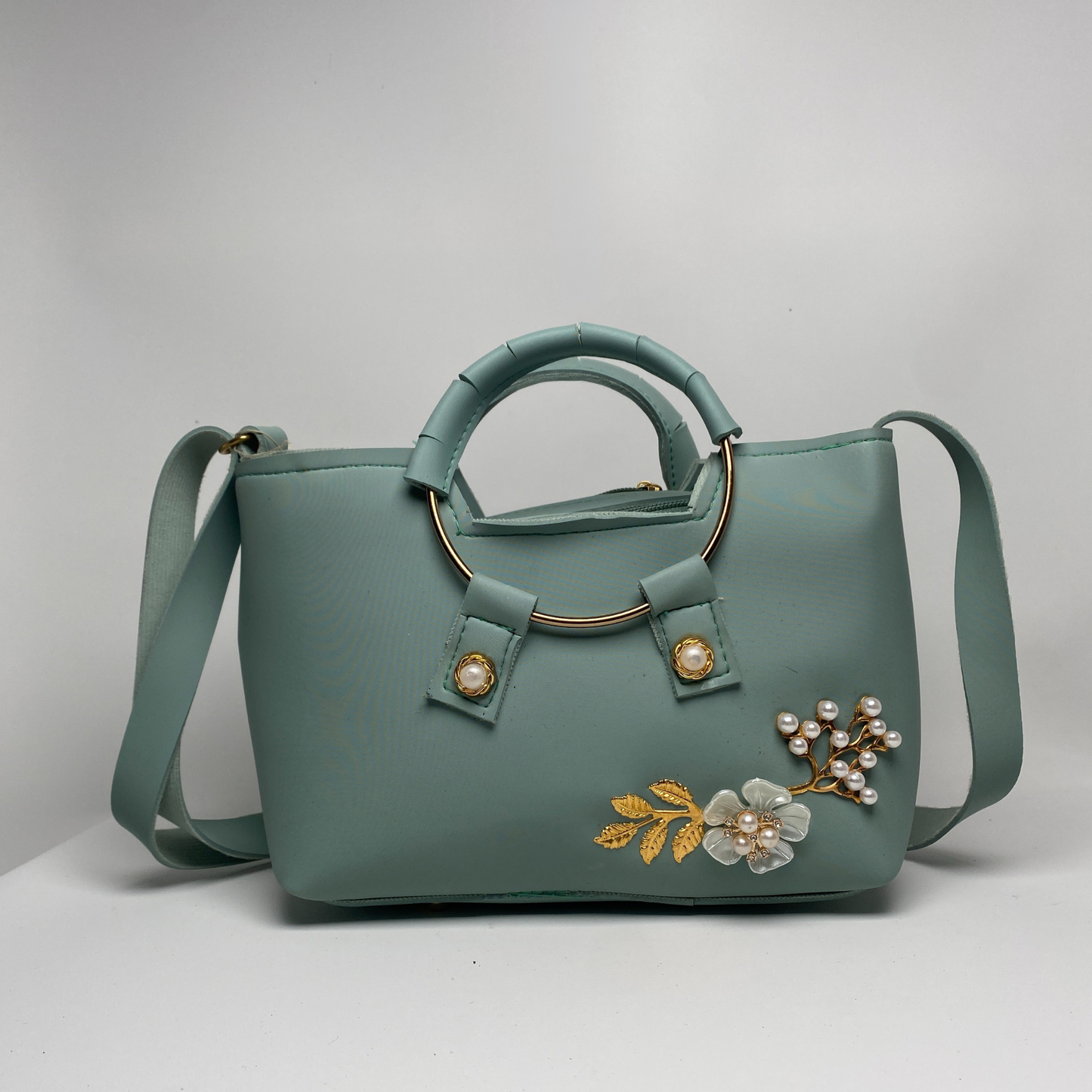 Handbag with Pearl & Floral Embellishment – Elegant Shoulder & Tote Bag