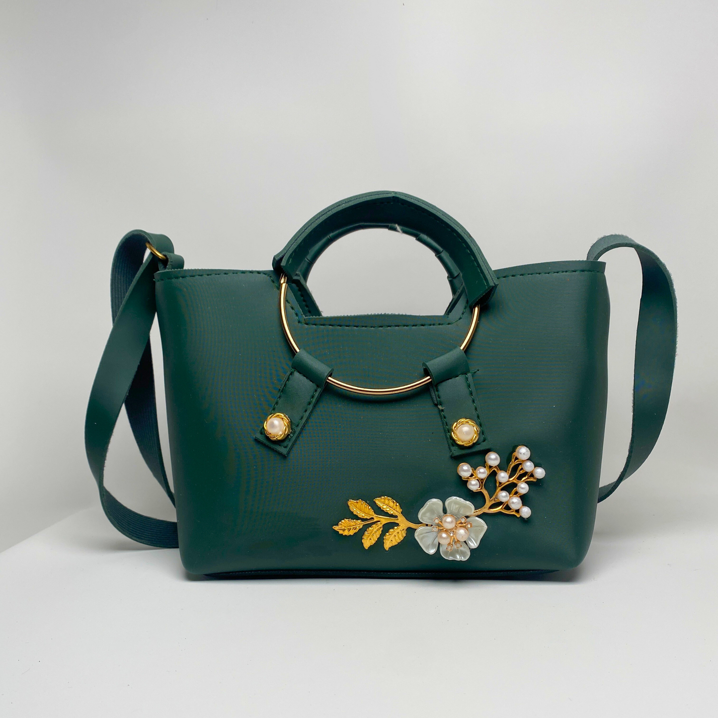 Handbag with Pearl & Floral Embellishment – Elegant Shoulder & Tote Bag