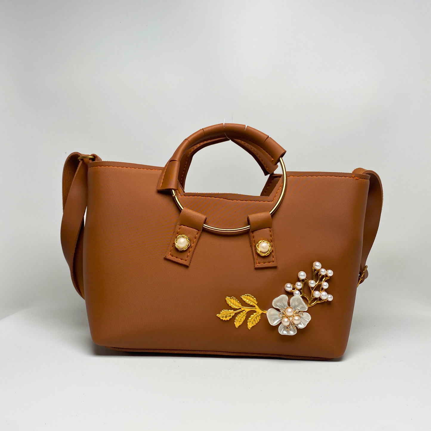 Handbag with Pearl & Floral Embellishment – Elegant Shoulder & Tote Bag