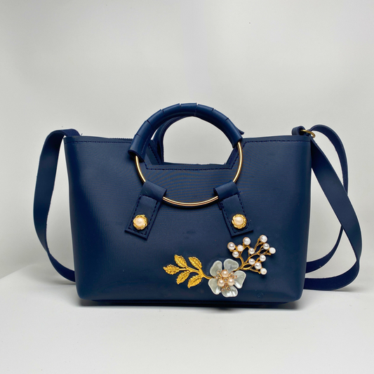 Handbag with Pearl & Floral Embellishment – Elegant Shoulder & Tote Bag
