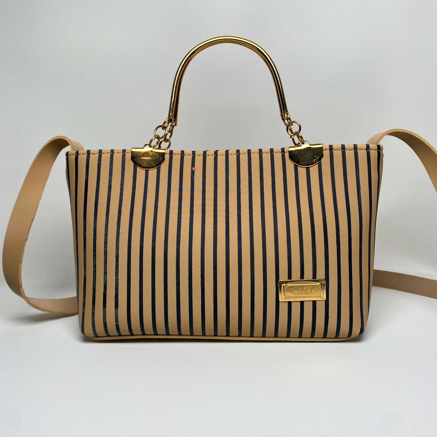 Elegant Striped Handbag with Gold Handles & Shoulder Strap
