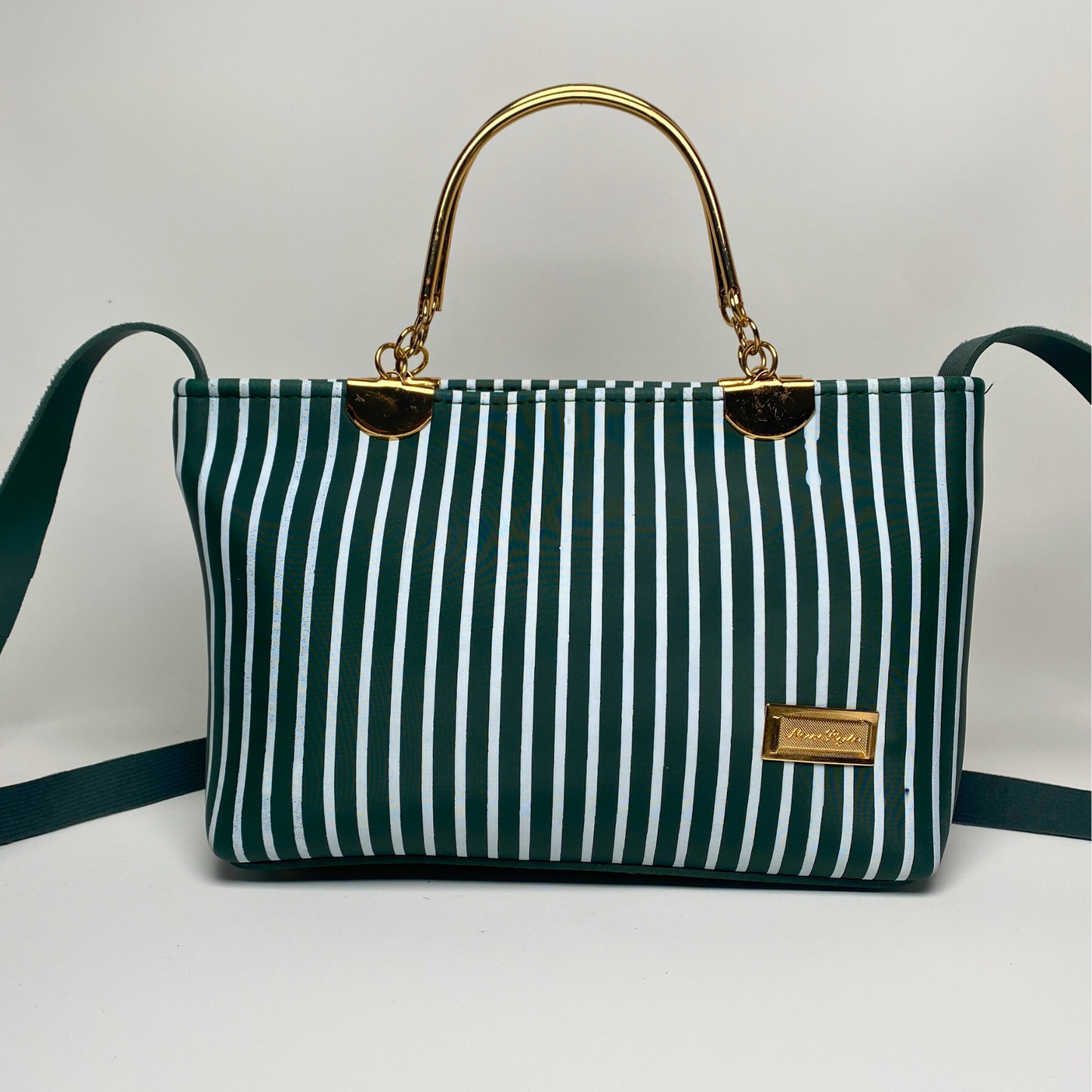 Elegant Striped Handbag with Gold Handles & Shoulder Strap