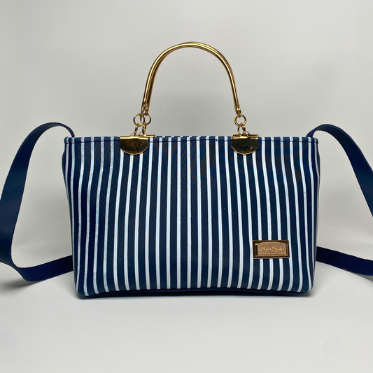 Elegant Striped Handbag with Gold Handles & Shoulder Strap